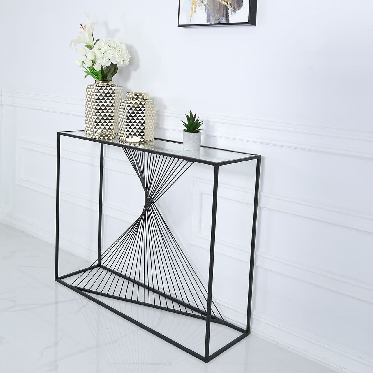 Luna Black Metal Console Table Clear Glass Top