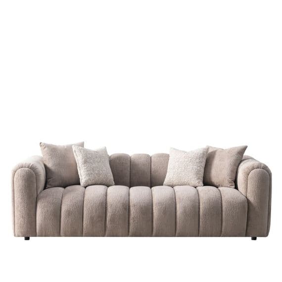 Lusso Beige Chenille 3 Seater Sofa - Vertical Panel Tufted 232cm