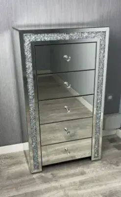Luxe Mocka Tallboy 5 Drawer Crystal Border Mirror