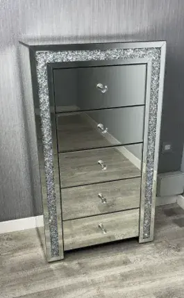 Luxe Mocka Tallboy 5 Drawer Crystal Border Mirror