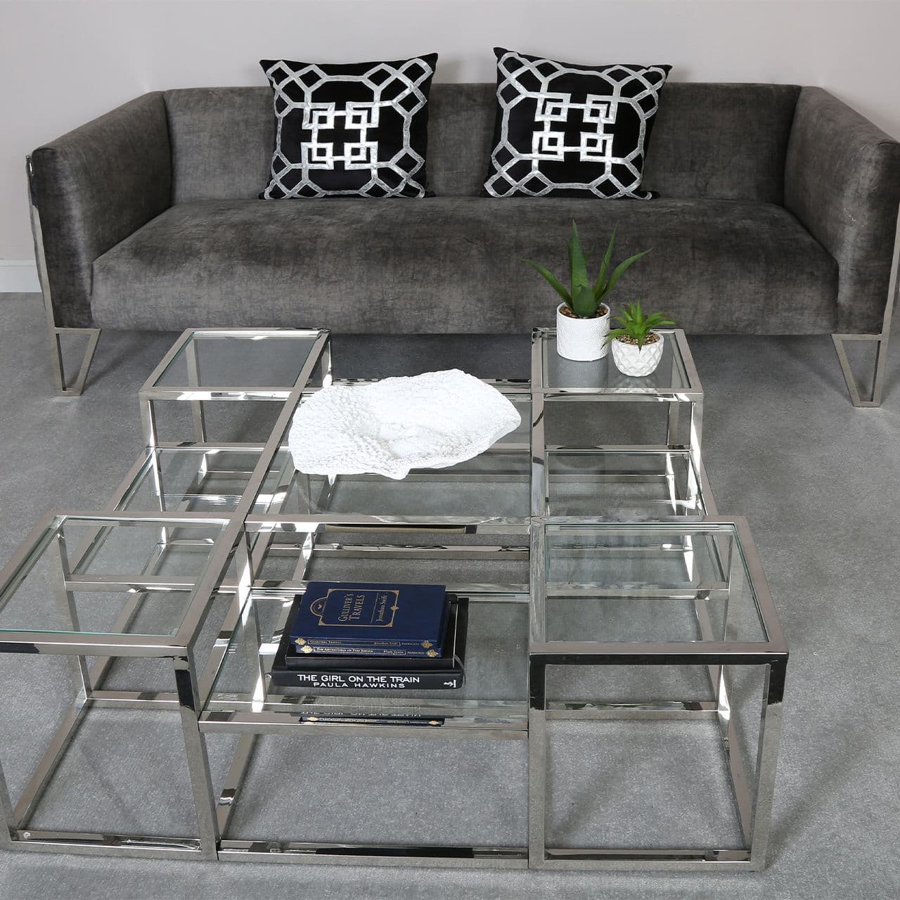 Luxe Oxton Steel Coffee Table Clear Glass Top
