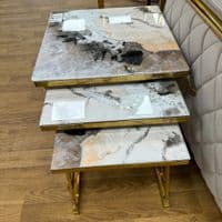 Maidah Gold Nest of 3 Tables with White Marble Top & Steel Frame
