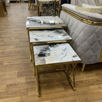 Maidah Gold Nest of 3 Tables with White Marble Top & Steel Frame