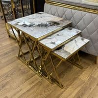 Maidah Gold Nest of 3 Tables with White Marble Top & Steel Frame