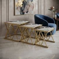 Maidah Gold Nest of 3 Tables with White Marble Top & Steel Frame