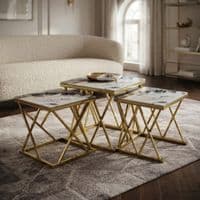Maidah Gold Nest of 3 Tables with White Marble Top & Steel Frame