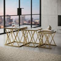 Maidah Gold Nest of 3 Tables with White Marble Top & Steel Frame