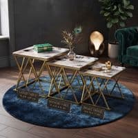 Maidah Gold Nest of 3 Tables with White Marble Top & Steel Frame