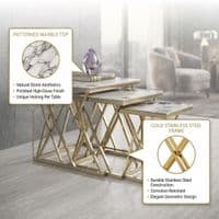 Maidah Gold Nest of 3 Tables with White Marble Top & Steel Frame