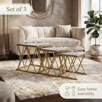 Maidah Gold Nest of 3 Tables with White Marble Top & Steel Frame