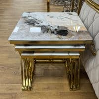 Maidah Gold Nest of 3 Tables with White Marble Top & Steel Frame