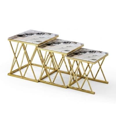 Maidah Gold Nest of 3 Tables with White Marble Top & Steel Frame