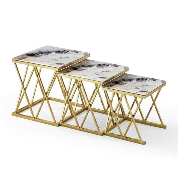 Maidah Gold Nest of 3 Tables with White Marble Top & Steel Frame