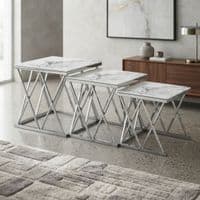 Maidah Silver Nest of 3 Tables with White Marble Top & Steel Frame
