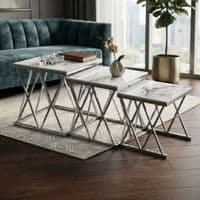 Maidah Silver Nest of 3 Tables with White Marble Top & Steel Frame