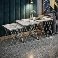 Maidah Silver Nest of 3 Tables with White Marble Top & Steel Frame