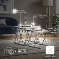 Maidah Silver Nest of 3 Tables with White Marble Top & Steel Frame