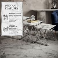 Maidah Silver Nest of 3 Tables with White Marble Top & Steel Frame