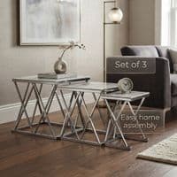 Maidah Silver Nest of 3 Tables with White Marble Top & Steel Frame