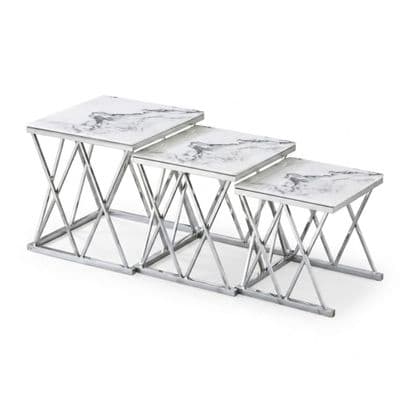 Maidah Silver Nest of 3 Tables with White Marble Top & Steel Frame