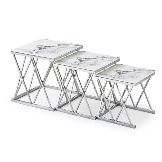 Maidah Silver Nest of 3 Tables with White Marble Top & Steel Frame
