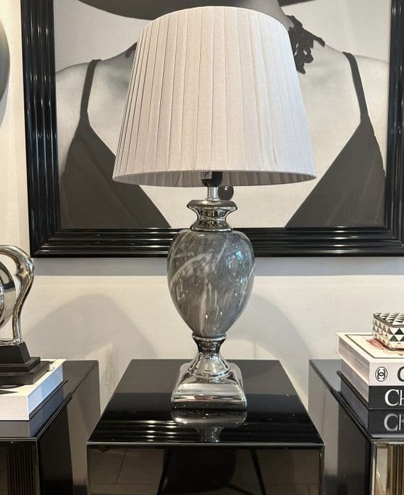 Marble Effect Table Lamp With Grey Round Shade Medium