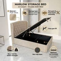 Marlow Cream Velvet Storage Ottoman Bed - Single, Double, Kingsize
