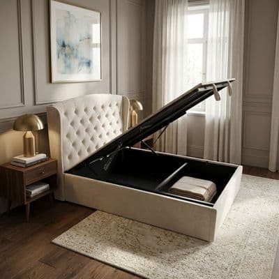 Marlow Cream Velvet Storage Ottoman Bed - Single, Double, Kingsize