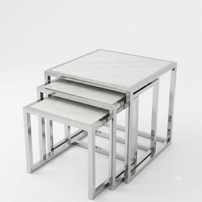 Massa Silver Nest of Tables Set of 3 White Marble Modern Tables