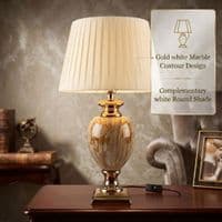 Medium Cream & Gold Marble Table Lamp with Pleated Shade 61cm Tall