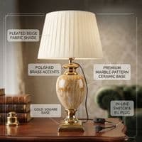 Medium Cream & Gold Marble Table Lamp with Pleated Shade 61cm Tall
