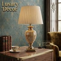 Medium Cream & Gold Marble Table Lamp with Pleated Shade 61cm Tall