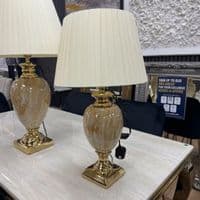 Medium Cream & Gold Marble Table Lamp with Pleated Shade 61cm Tall