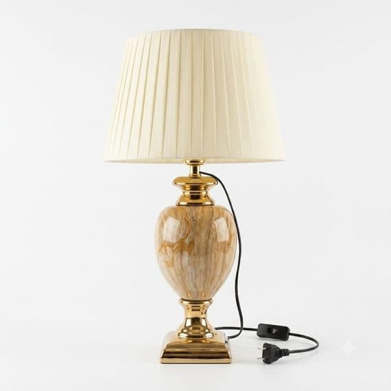 Medium Cream & Gold Marble Table Lamp with Pleated Shade 61cm Tall