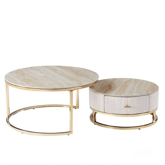 Melrose Cream Ceramic Nesting Coffee Tables - Set of 2 Storage Cream Fabric