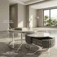 Melrose Grey Marble Nest Of Coffee Tables - Set of 2 with Storage Grey Fabric