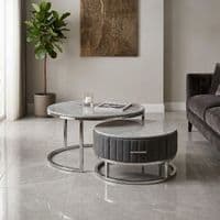 Melrose Grey Marble Nest Of Coffee Tables - Set of 2 with Storage Grey Fabric