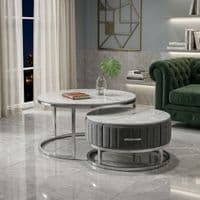 Melrose Grey Marble Nest Of Coffee Tables - Set of 2 with Storage Grey Fabric
