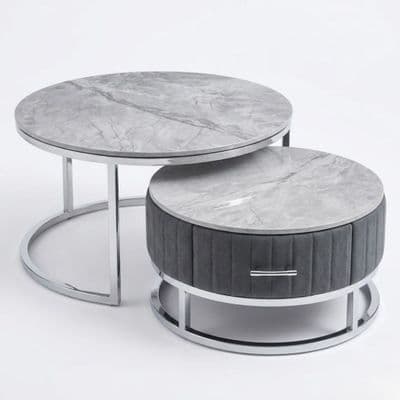 Melrose Grey Marble Nest Of Coffee Tables - Set of 2 with Storage Grey Fabric