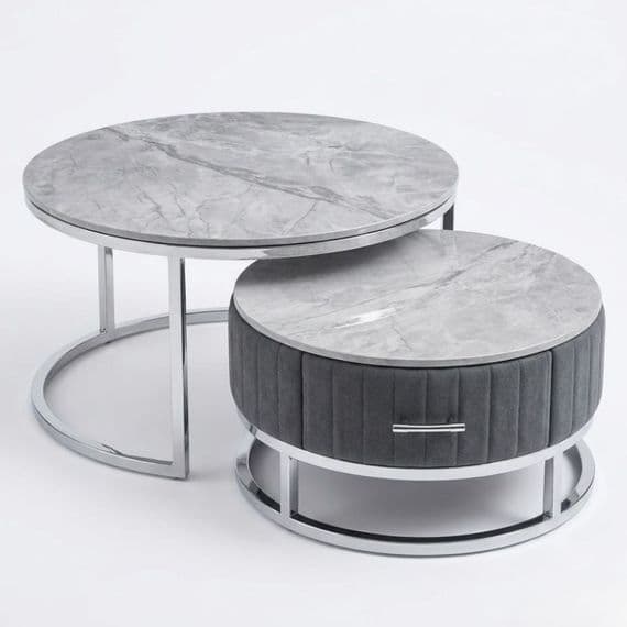 Melrose Grey Marble Nest Of Coffee Tables - Set of 2 with Storage Grey Fabric