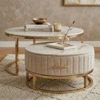 Melrose White Ceramic Nest Of Coffee Tables - Set of 2 Storage Cream Fabric