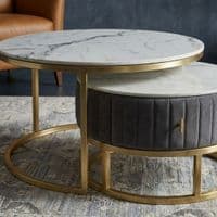Melrose White Ceramic Nest Of Coffee Tables - Set of 2 Storage Grey Fabric