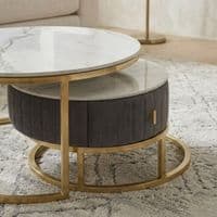 Melrose White Ceramic Nest Of Coffee Tables - Set of 2 Storage Grey Fabric