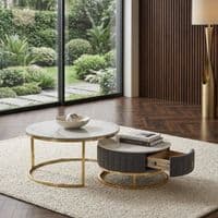 Melrose White Ceramic Nest Of Coffee Tables - Set of 2 Storage Grey Fabric
