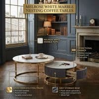 Melrose White Ceramic Nest Of Coffee Tables - Set of 2 Storage Grey Fabric
