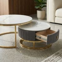 Melrose White Ceramic Nest Of Coffee Tables - Set of 2 Storage Grey Fabric