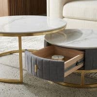 Melrose White Ceramic Nest Of Coffee Tables - Set of 2 Storage Grey Fabric