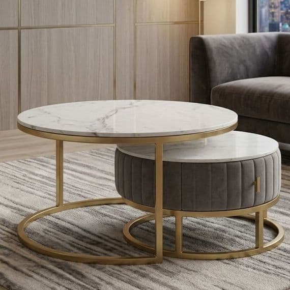 Melrose White Ceramic Nest Of Coffee Tables - Set of 2 Storage Grey Fabric
