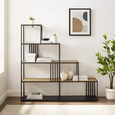 Minimalist Divider Bookshelf with Slats Oak & Black