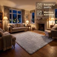 Mocha Burton Rabbit Fur Soft Touch Rug Anti Slip Washable UK Rug